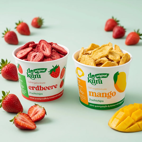 Erdbeere & Mango Duo, zwei geöffnete Becher mit Erdbeerscheiben und Mangochips