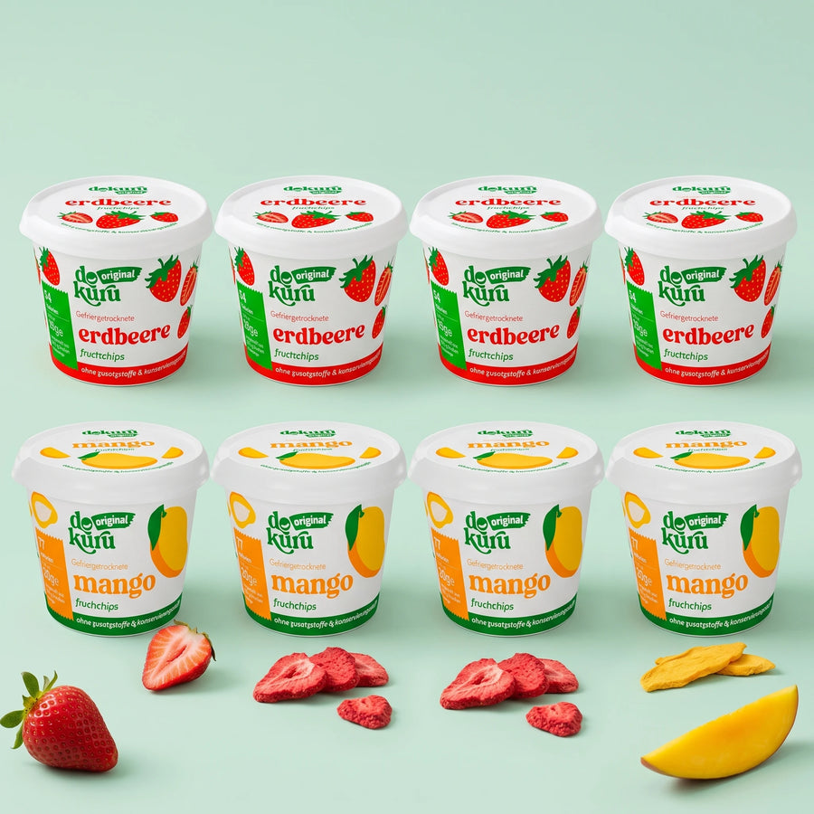 Erdbeere & Mango Duo, vier Becher Erdbeere und vier Becher Mango